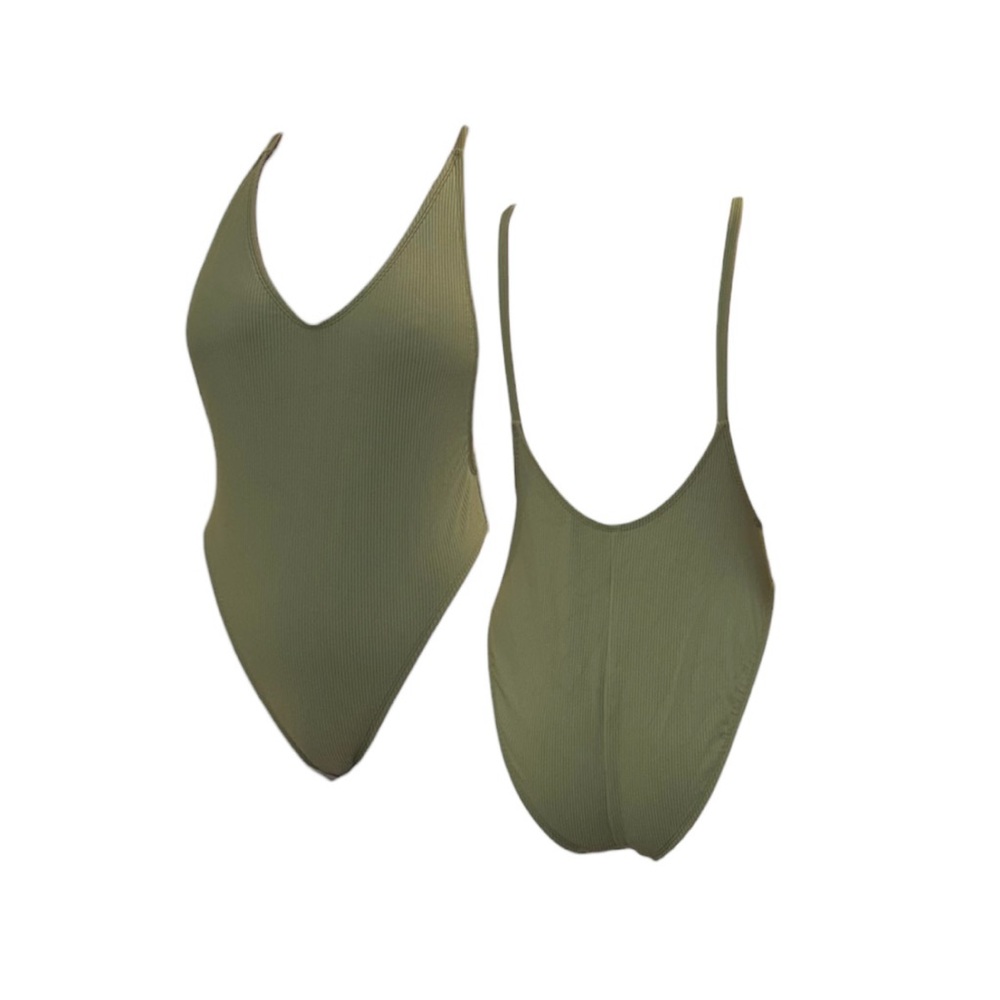 Nasty Gal Olive Green Ribbed One-Piece Swimsuit